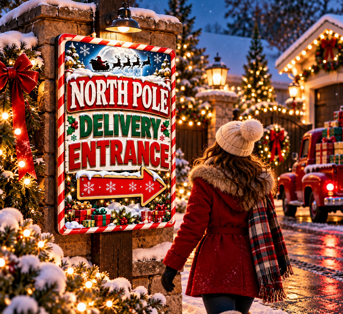 North Pole Delivery Entrance Sign, 13x19 Laminated Santa Christmas Holiday Decor