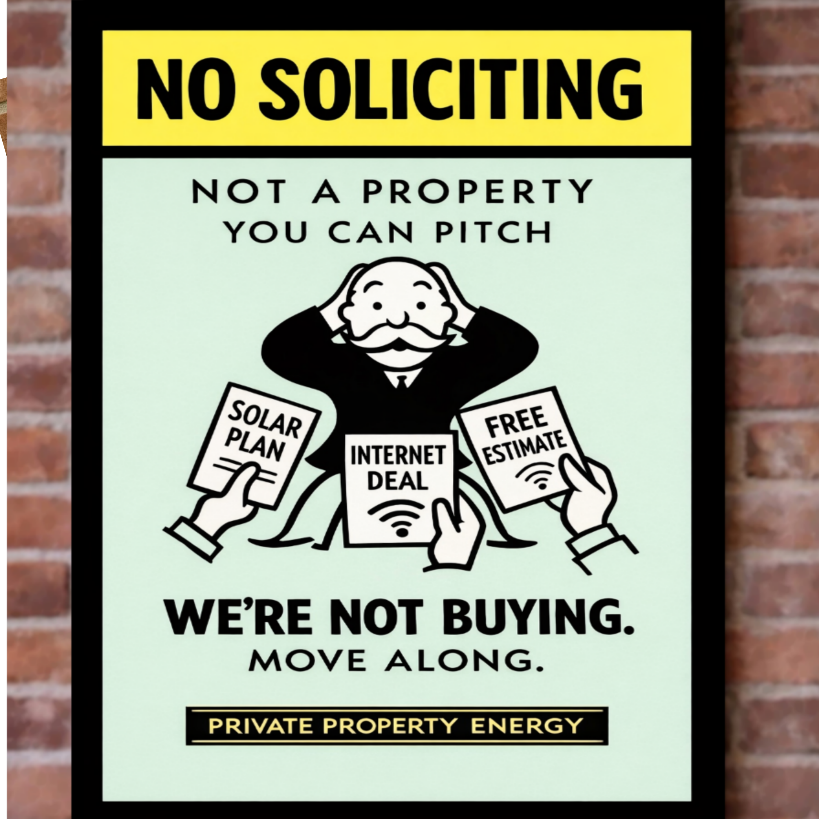 No Soliciting We’re Not Buying Sign Funny Door Sign Salesman Warning Sign 13x19 Laminated Home Protection Decor