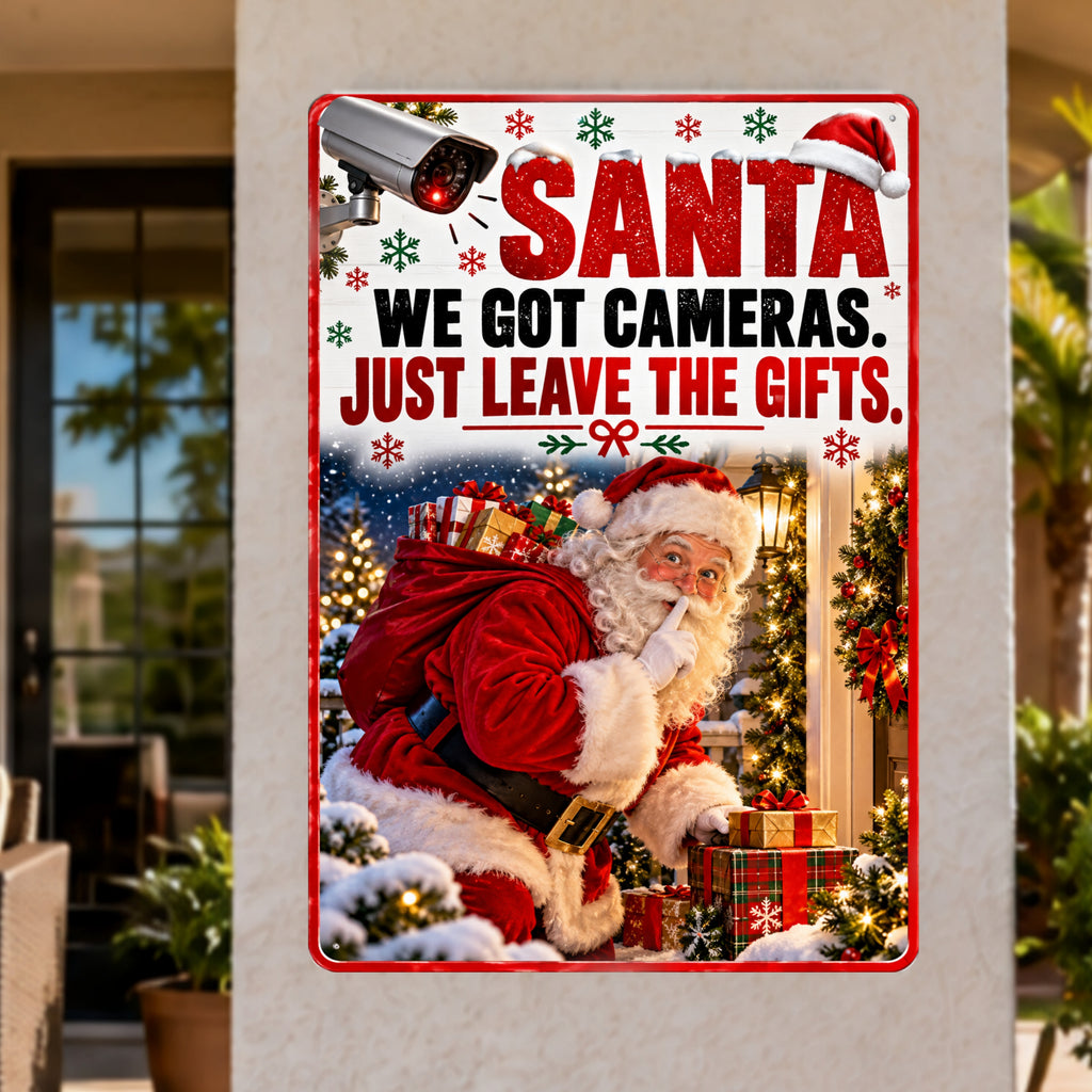 Funny Santa Christmas Sign, We Got Cameras 13x19 Laminated Holiday Window Decor