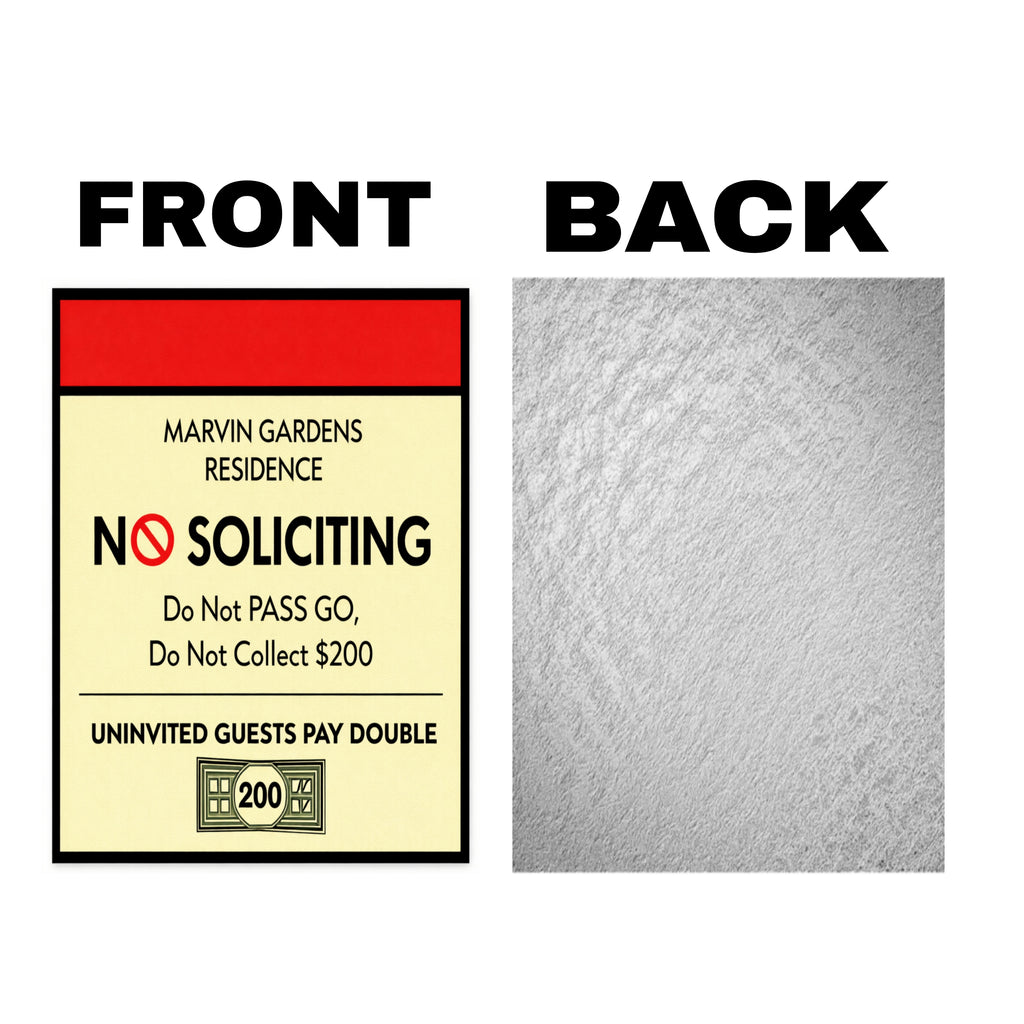 Marvin Gardens No Soliciting Sign – Monopoly Style Door Sign | “Do Not Pass Go, Do Not Collect $200” | Funny Entry Sign