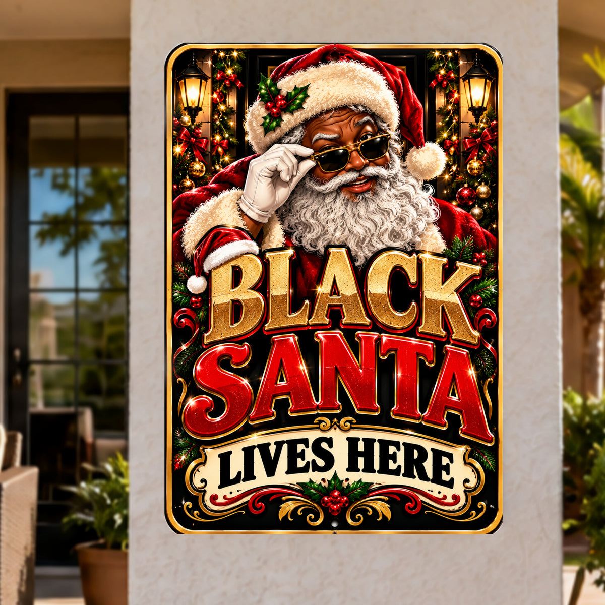 Black Santa Lives Here Sign, 13x19 Laminated African American Christmas Wall Decor