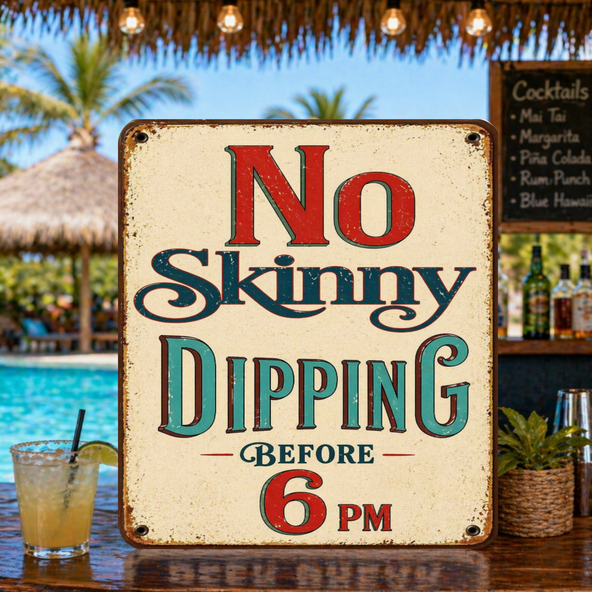 No Skinny Dipping Before 6PM Funny Pool Sign 13x19 Laminated Vintage Pool Decor Retro Backyard Pool Party Sign