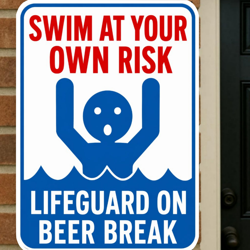 Swim At Your Own Risk Lifeguard On Beer Break Funny Pool Sign 13x19 Laminated Pool Decor Backyard Pool Rules Sign