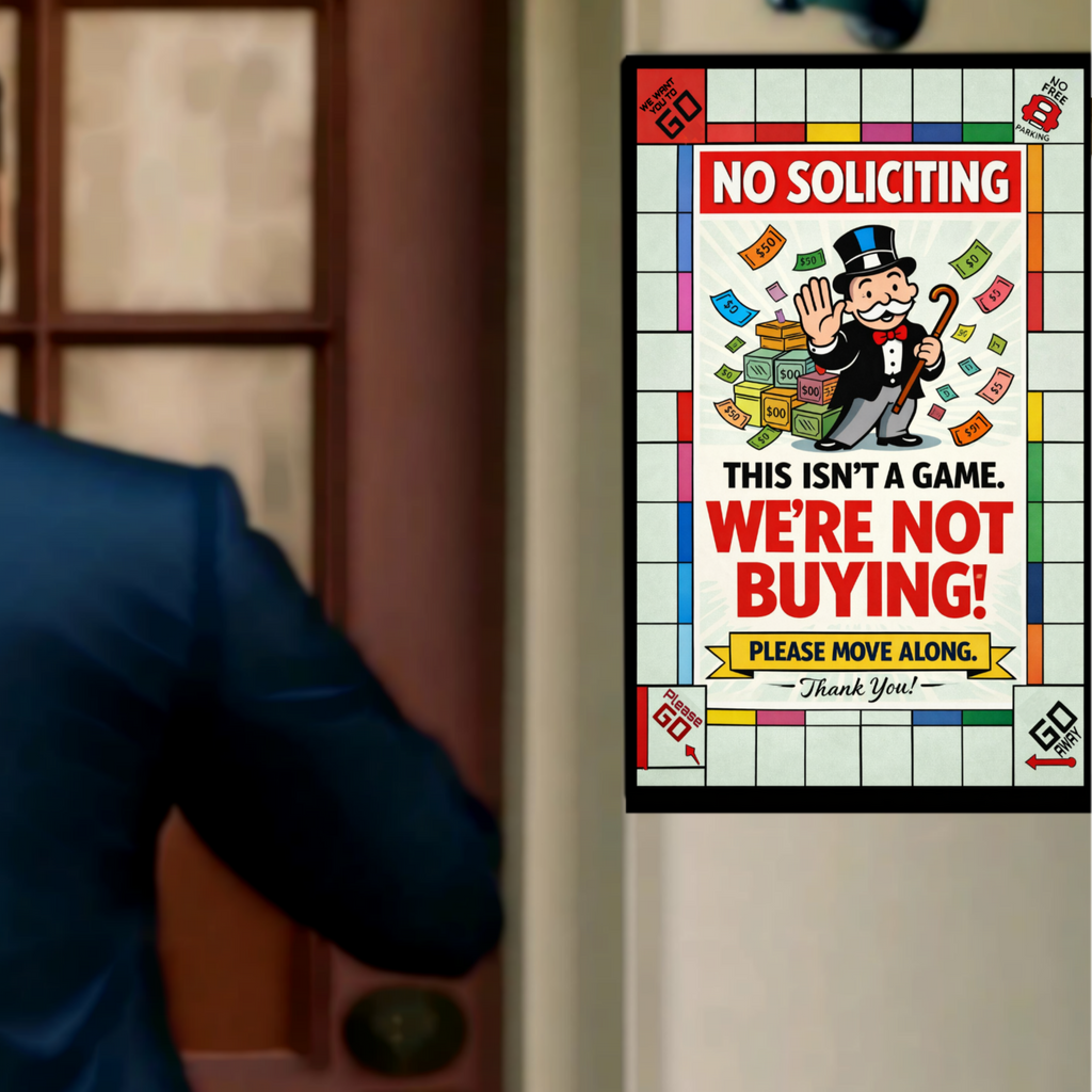 No Soliciting Monopoly Sign We’re Not Buying Please Move Along 13x19 Laminated Funny Door Sign No Salesmen Home Security Decor