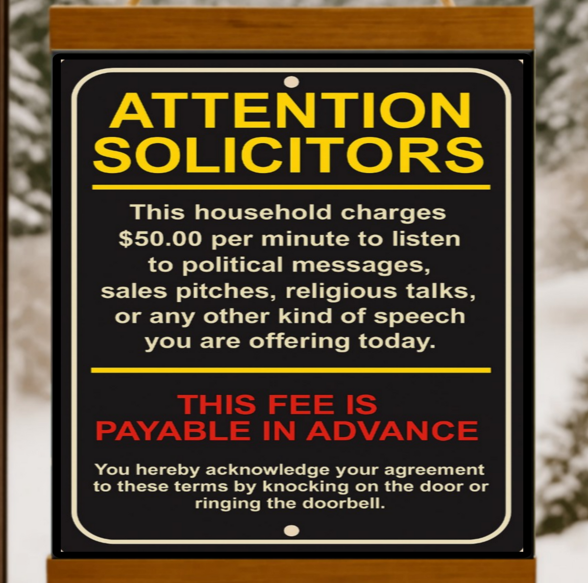Attention Solicitors Sign – $50 Per Minute Fee Warning | Funny No Soliciting Door Sign 13x19in Laminated or Framed