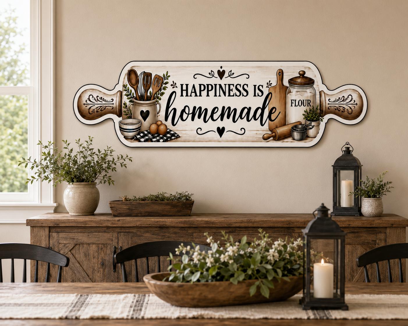 Real Wood Rolling Pin Kitchen Sign | Farmhouse Kitchen Decor | Handmade Rustic Wall Hanging | Happiness Is Homemade Sign