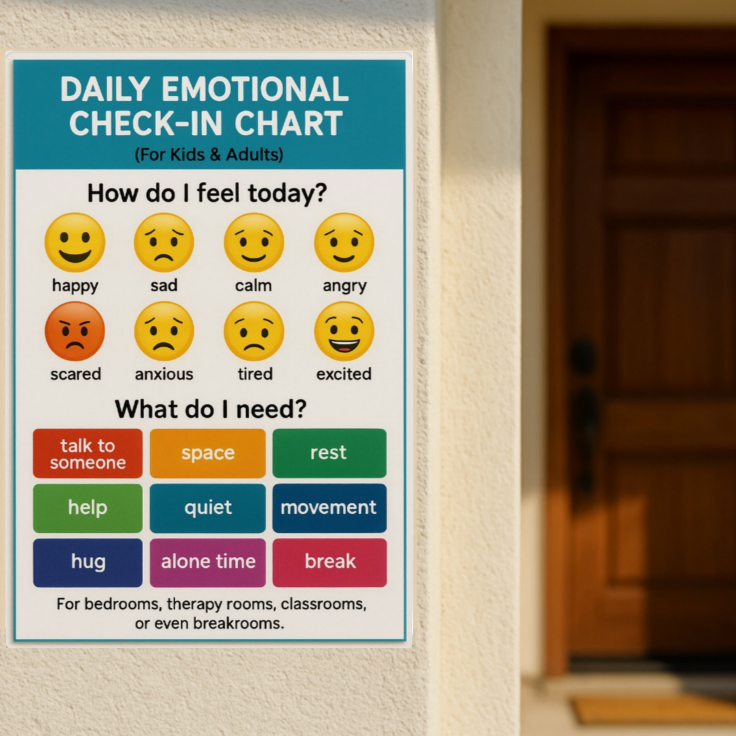Daily Emotional Check-In Chart – Feelings Chart for Kids and Adults | Mental Health Classroom 13x19in Laminated Print