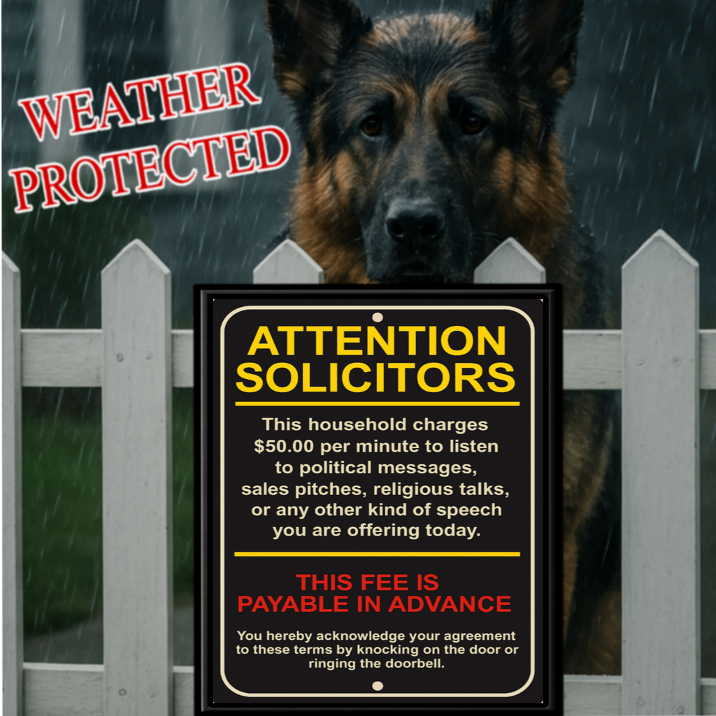 Attention Solicitors Sign – $50 Per Minute Fee Warning | Funny No Soliciting Door Sign 13x19in Laminated or Framed