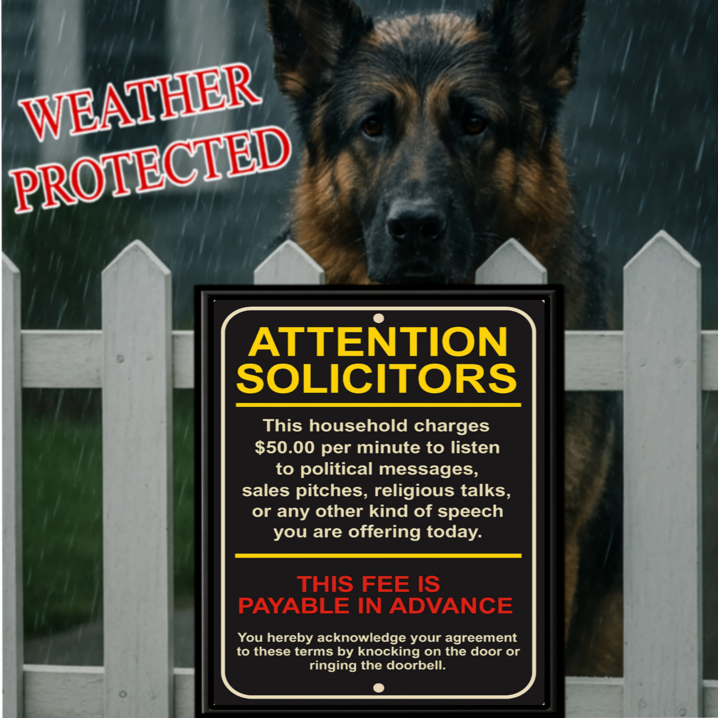 Attention Solicitors Sign – $50 Per Minute Fee Warning | Funny No Soliciting Door Sign 13x19in Laminated or Framed