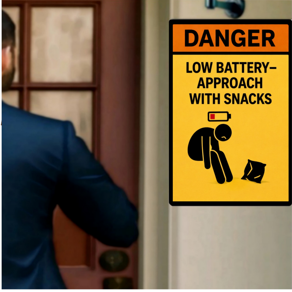 Funny Low Battery Warning Sign Approach With Snacks Humor Door Sign 13x19 Laminated Weather Sealed Wall Art