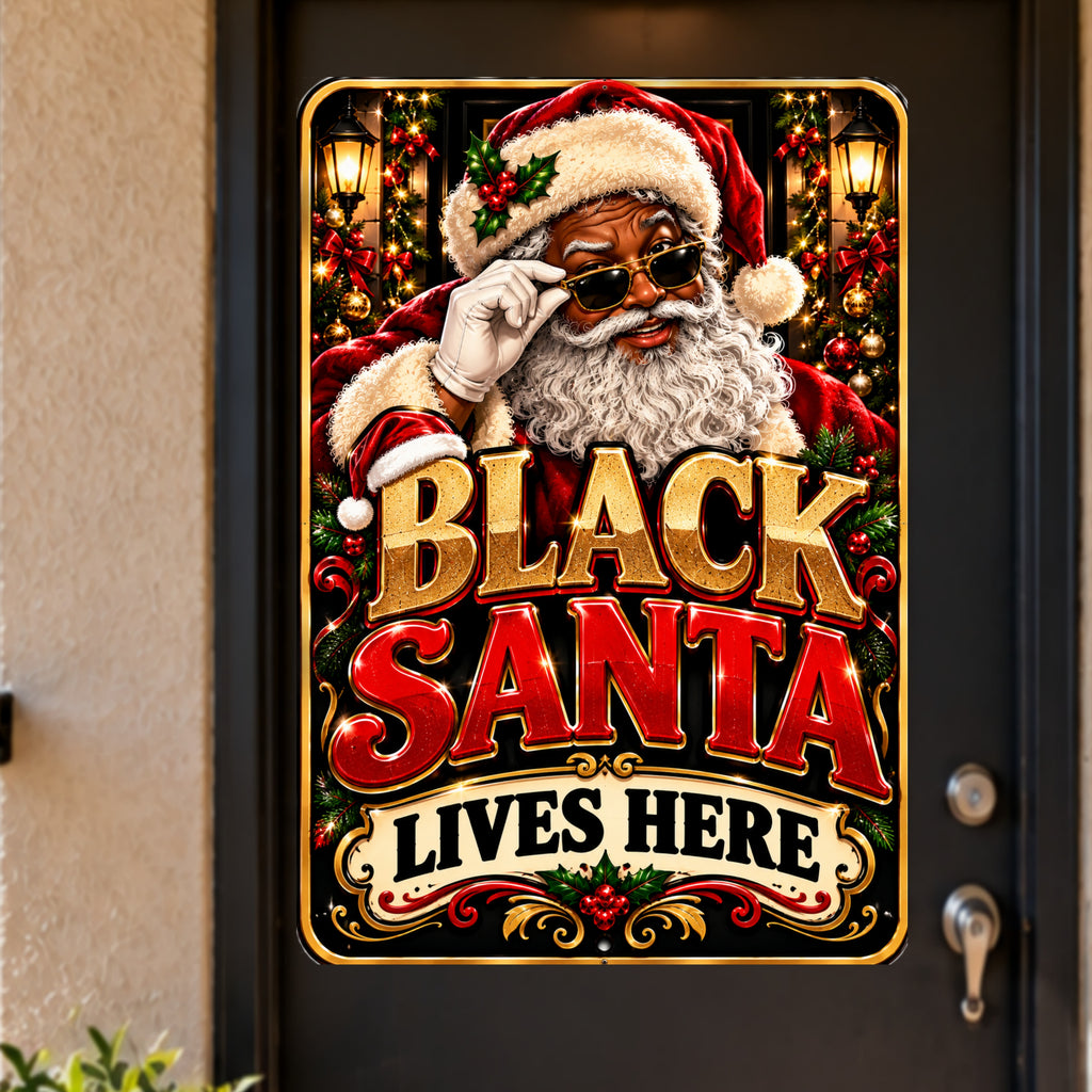 Black Santa Lives Here Sign, 13x19 Laminated African American Christmas Wall Decor