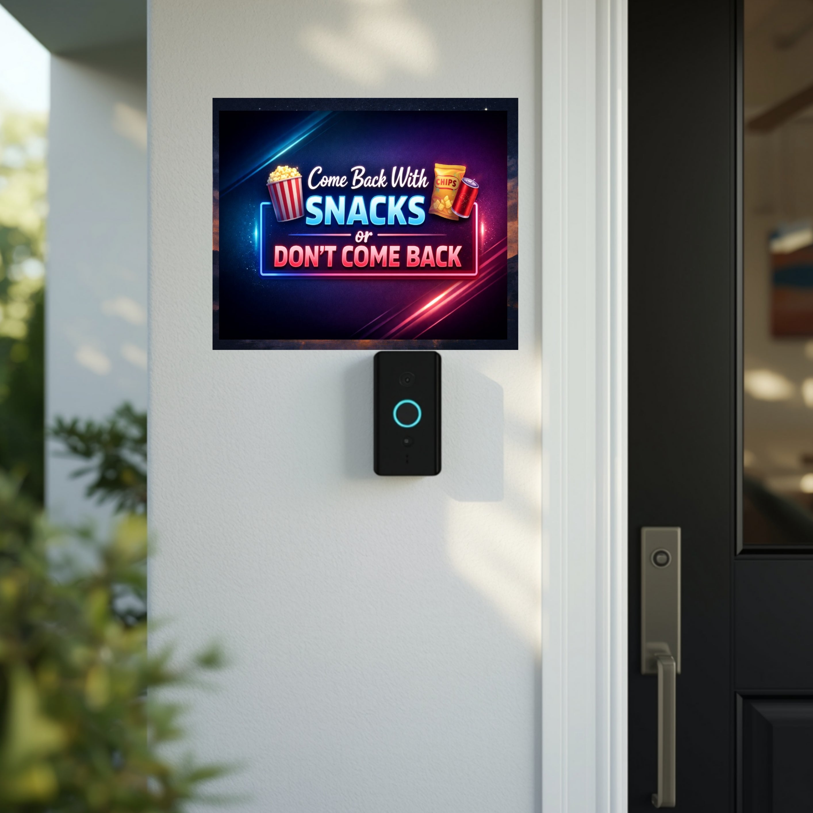 Funny No Soliciting Sign – “Come Back With Snacks or Don’t Come Back” | Do Not Knock Door Sign | Humorous Entryway Decor