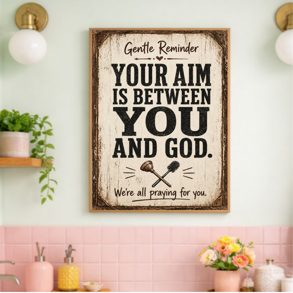 Funny Bathroom Sign – "Your Aim Is Between You And God" | 13x19 Laminated Rustic Farmhouse Wall Art