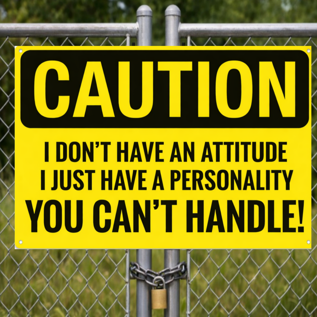 Funny Caution Sign – “I Don’t Have an Attitude, I Have a Personality You Can’t Handle” | Bold Humor Wall Art (13x19)