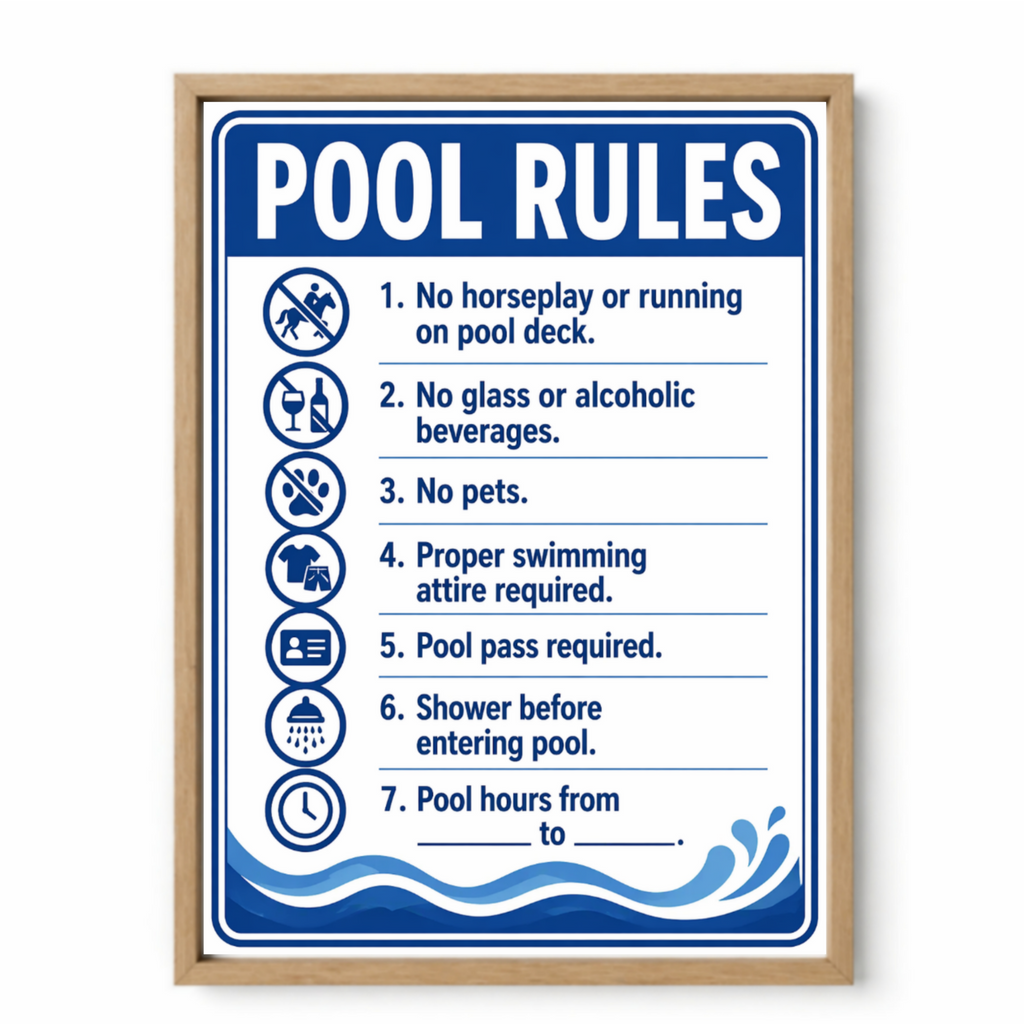 Pool Rules Sign | 13x19 Laminated Custom Pool Safety Sign | Backyard Pool Decor for Airbnb, HOA & Home