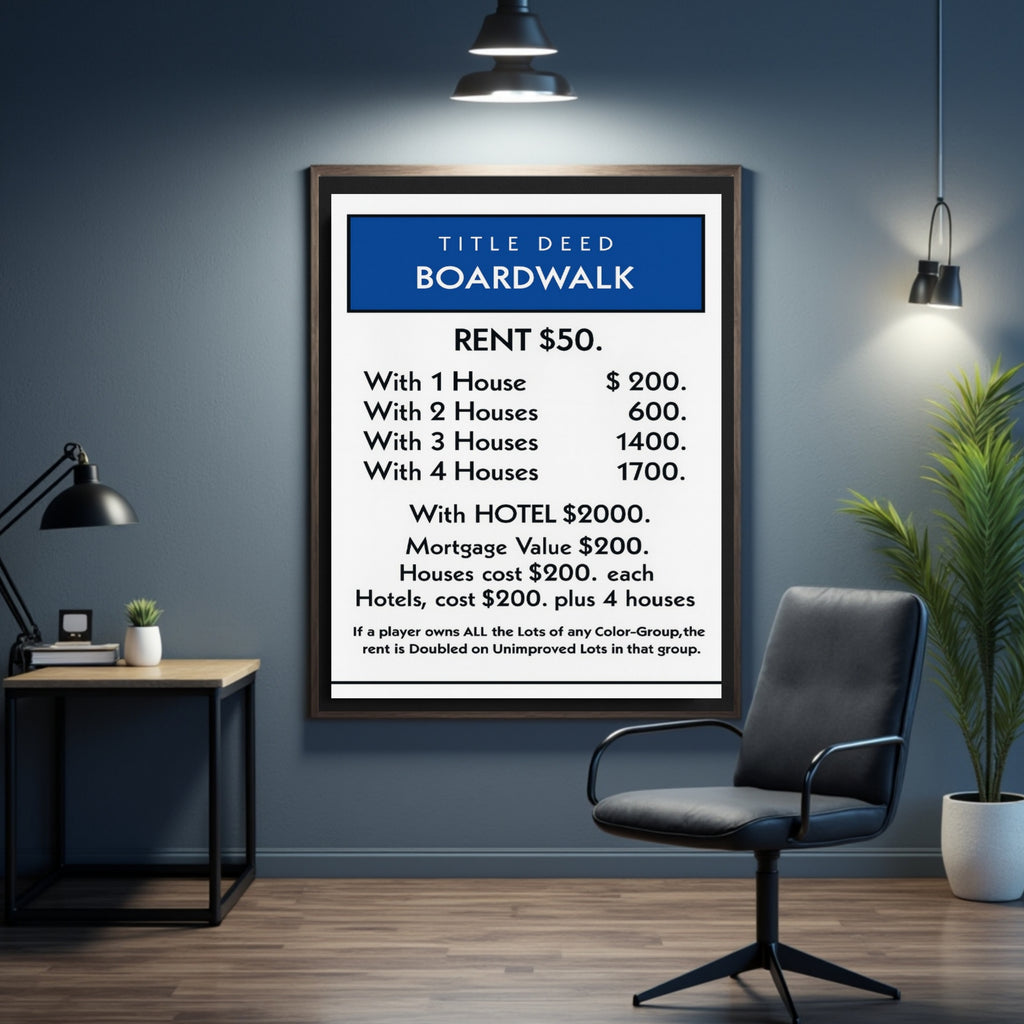 Boardwalk Title Deed Monopoly Laminated Print– Classic Game Inspired Wall Art | 13x19 Laminated Print