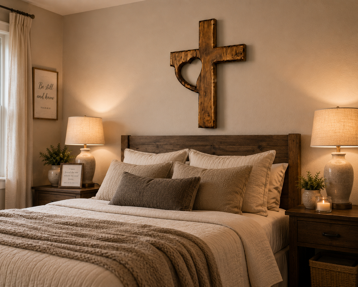 Handmade Wooden Cross Wall Decor with Heart Cutout | Rustic Christian Wall Art | Luxury Farmhouse Faith Decor 12x18