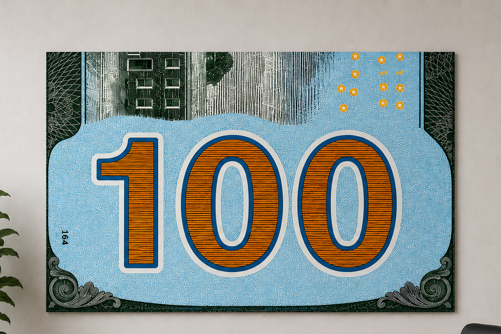 Turquoise 100 Dollar Bill Wall Art | Glossy 19x13 Money Print | Wooden Back Hanging Decor | Modern Office & Man Cave Wall Decor