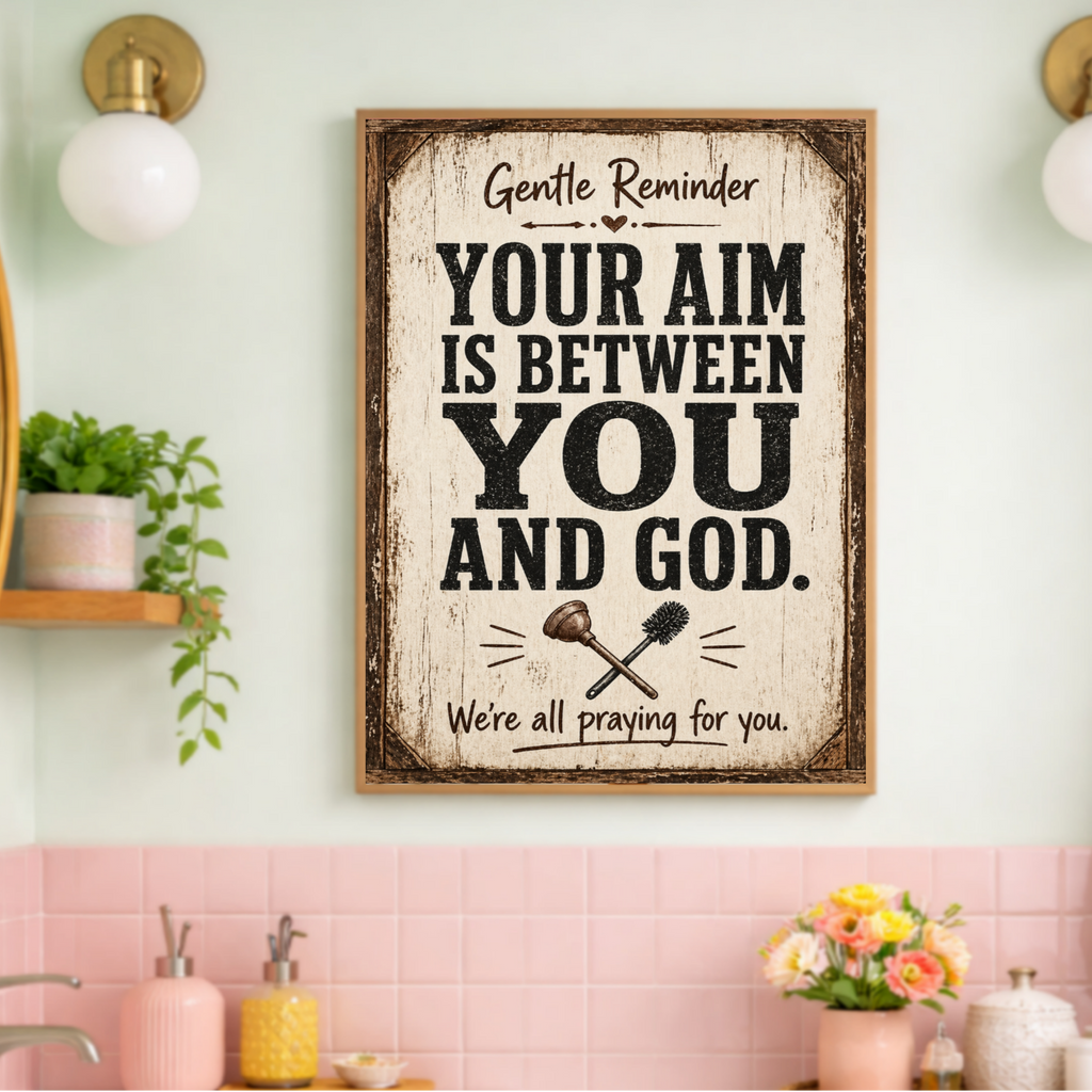 Funny Bathroom Sign – "Your Aim Is Between You And God" | 13x19 Laminated Rustic Farmhouse Wall Art