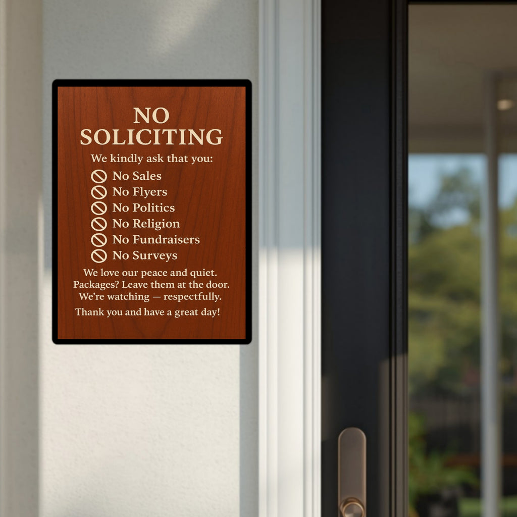 Elegant No Soliciting Sign – Polite Door Sign with Rules – 13x19 Laminated Front Door Notice – No Sales No Flyers No Politics