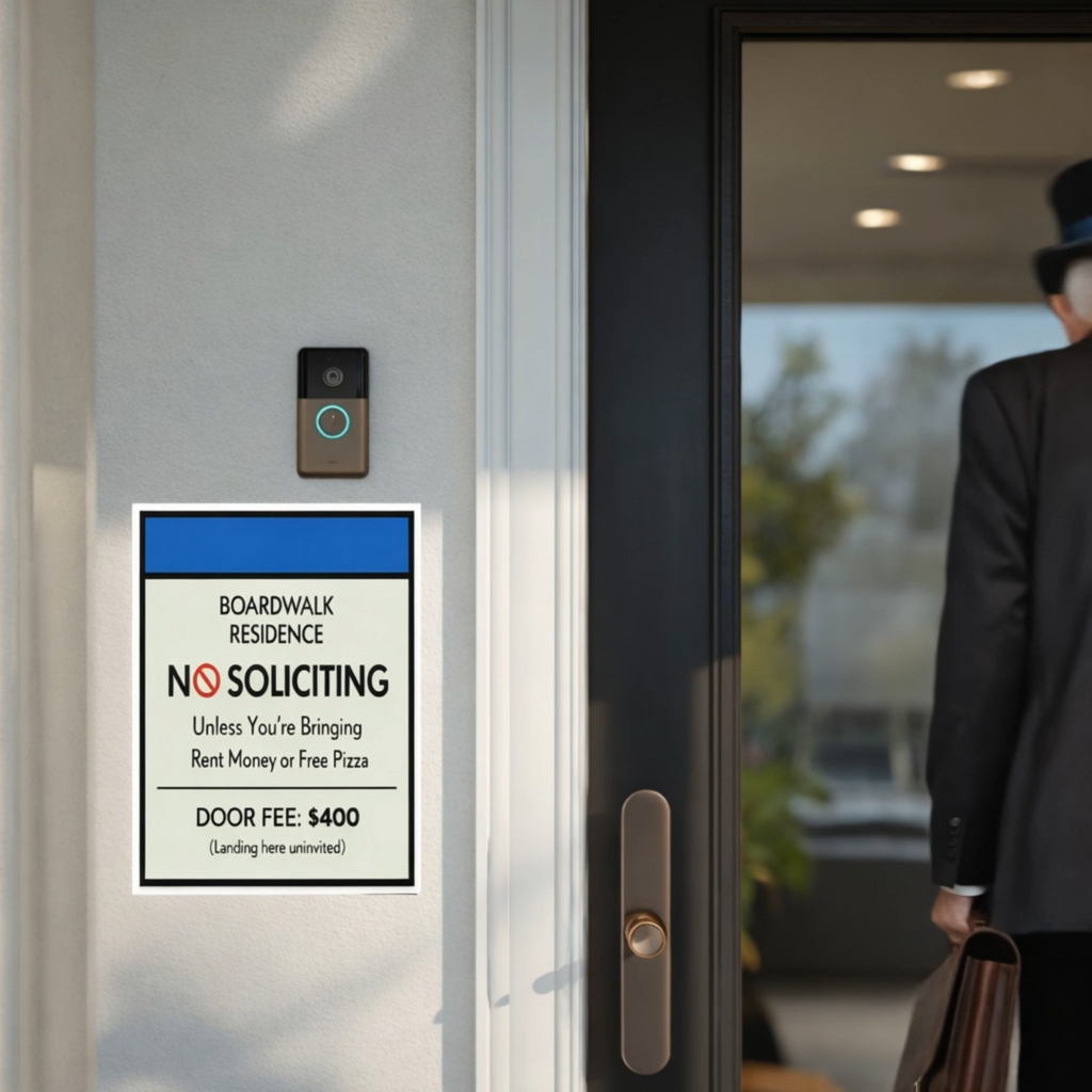 Boardwalk No Soliciting Sign – Funny Door Sign | “Unless You’re Bringing Rent or Pizza” | Modern Home Entry Decor