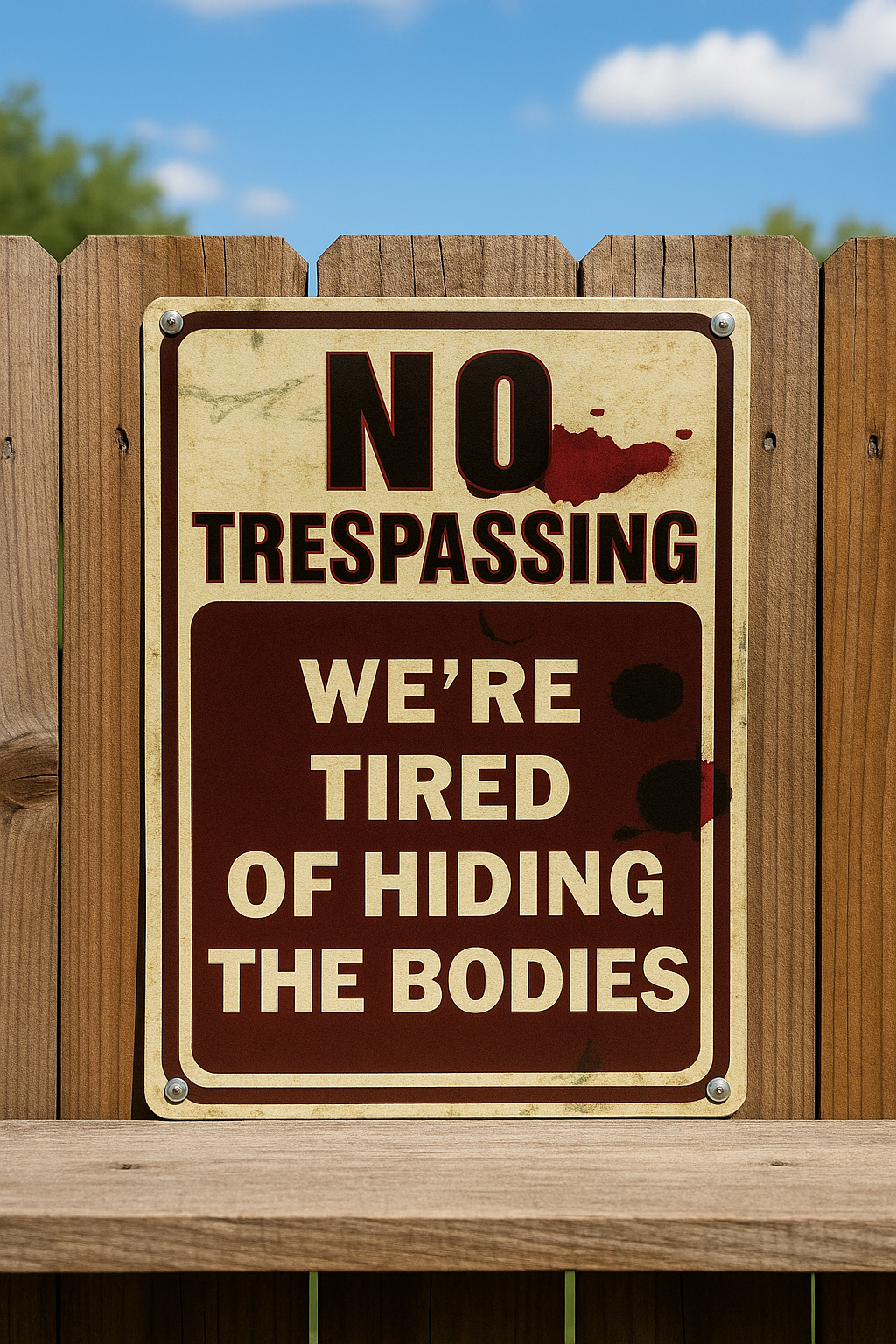 No Trespassing Sign – We’re Tired of Hiding the Bodies | Funny Warning Property Sign 19x13in