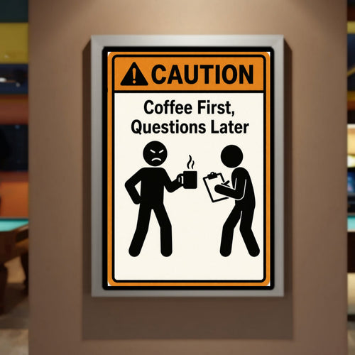 Coffee First Questions Later Funny Morning Sign Humor Kitchen Decor 13x19 Laminated Weather Sealed Wall Art