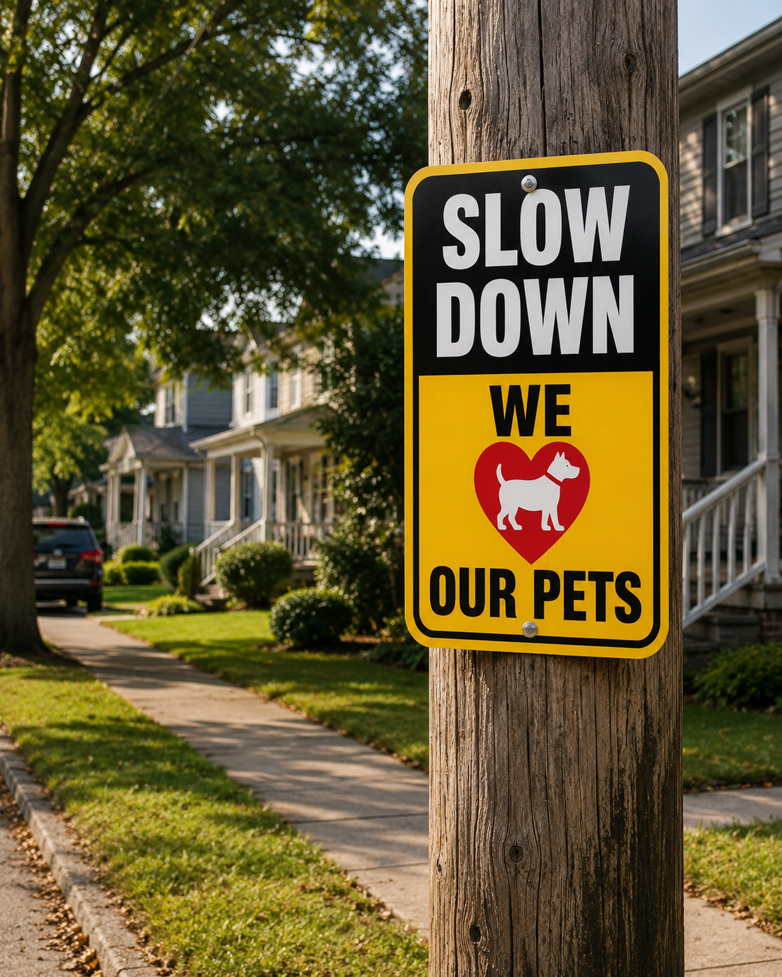 Slow Down We Love Our Pets Sign Laminated 13x19 | Pet Safety Yard Sign | Dog Lover Wall Decor | Funny Outdoor Warning Sign