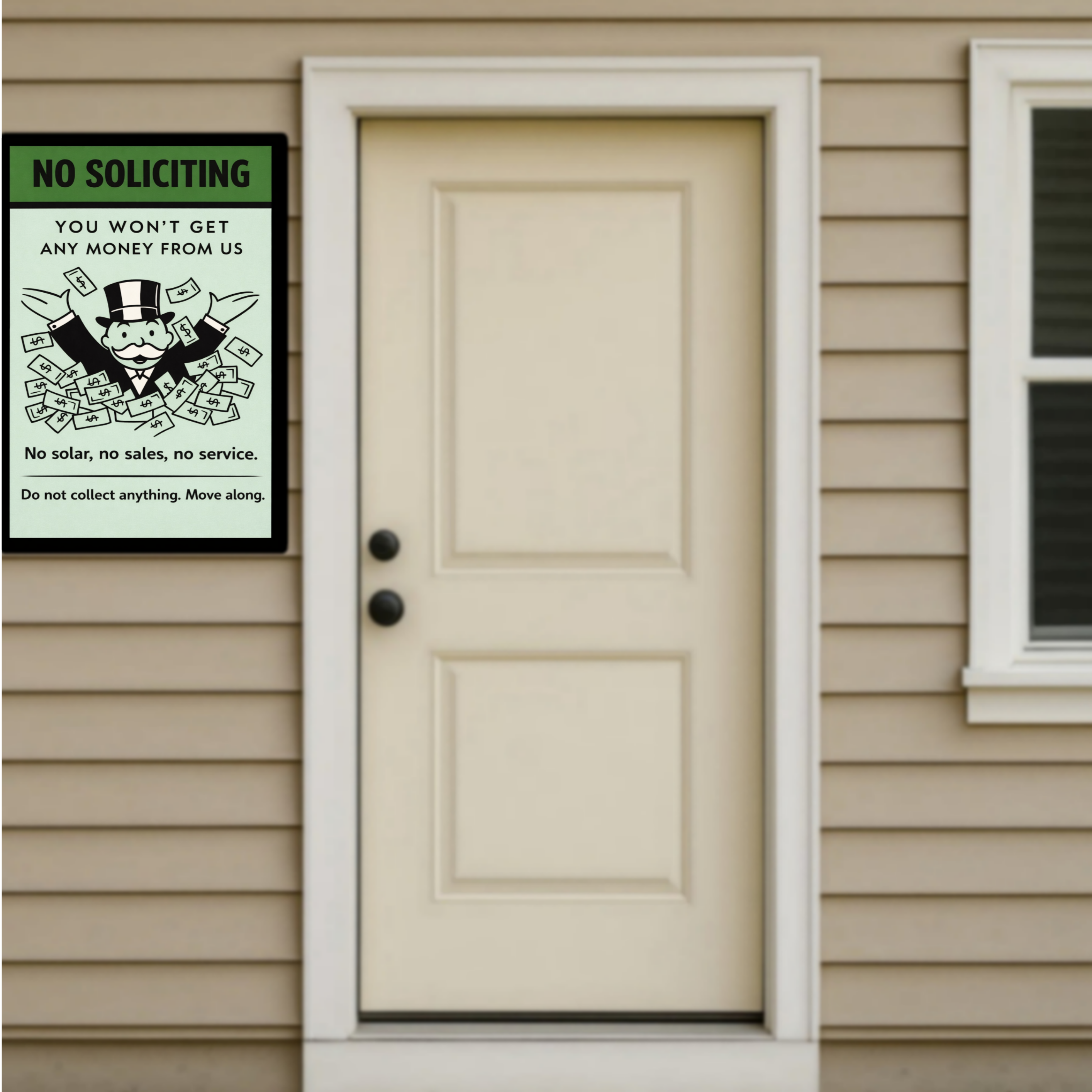No Soliciting Funny Money Sign We Don’t Want To Buy Move Along Sign 13x19 Laminated Door Sign Home Security Decor