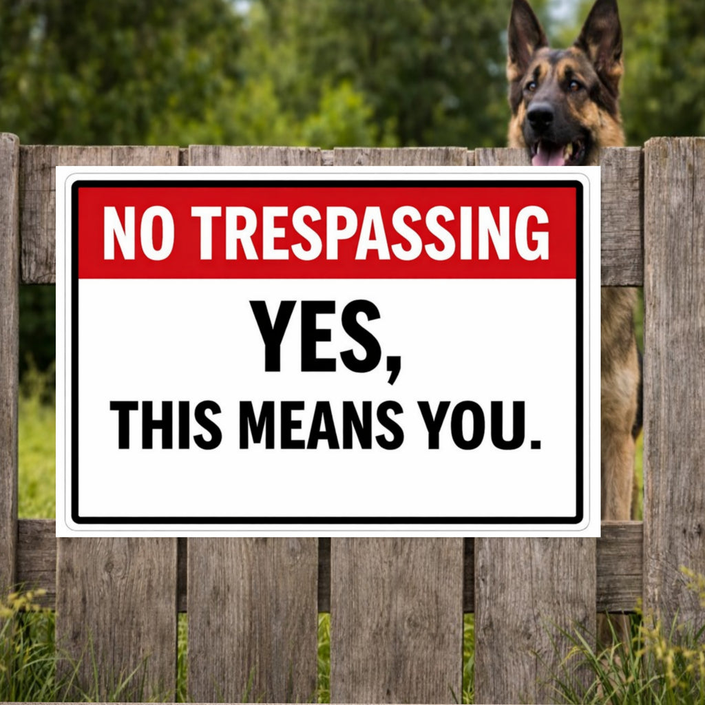 No Trespassing Sign – Yes This Means You | Funny Property Warning Sign 19x13in Size Laminated or Framed