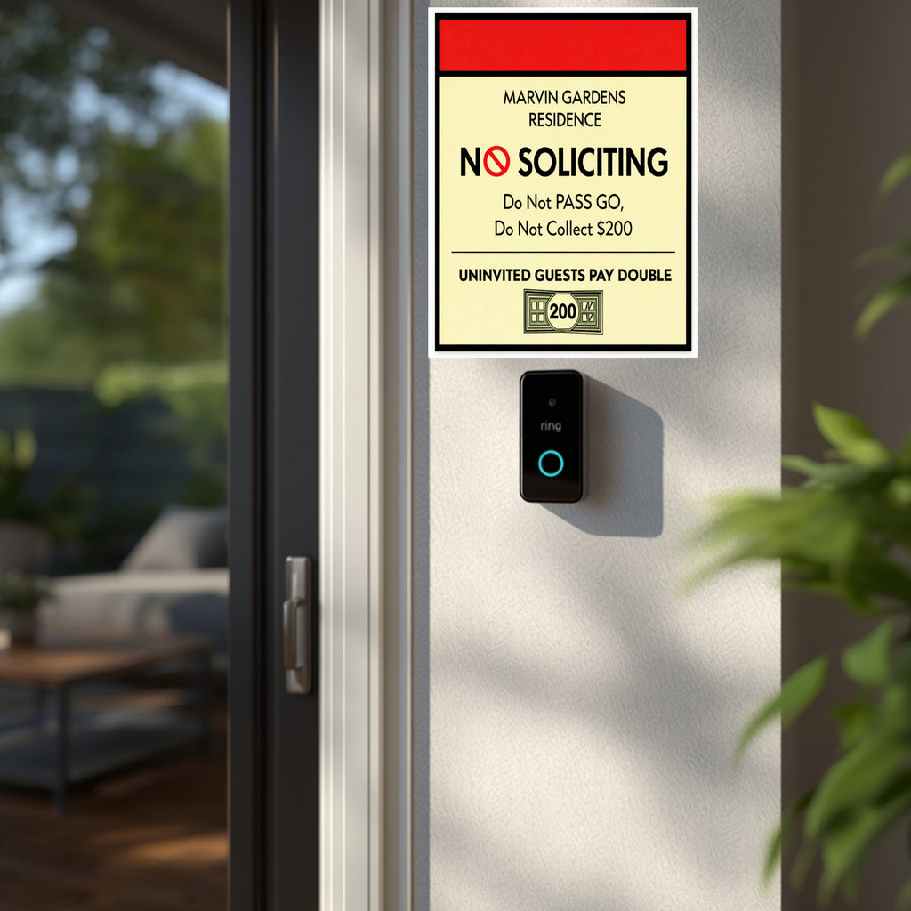 Marvin Gardens No Soliciting Sign – Monopoly Style Door Sign | “Do Not Pass Go, Do Not Collect $200” | Funny Entry Sign