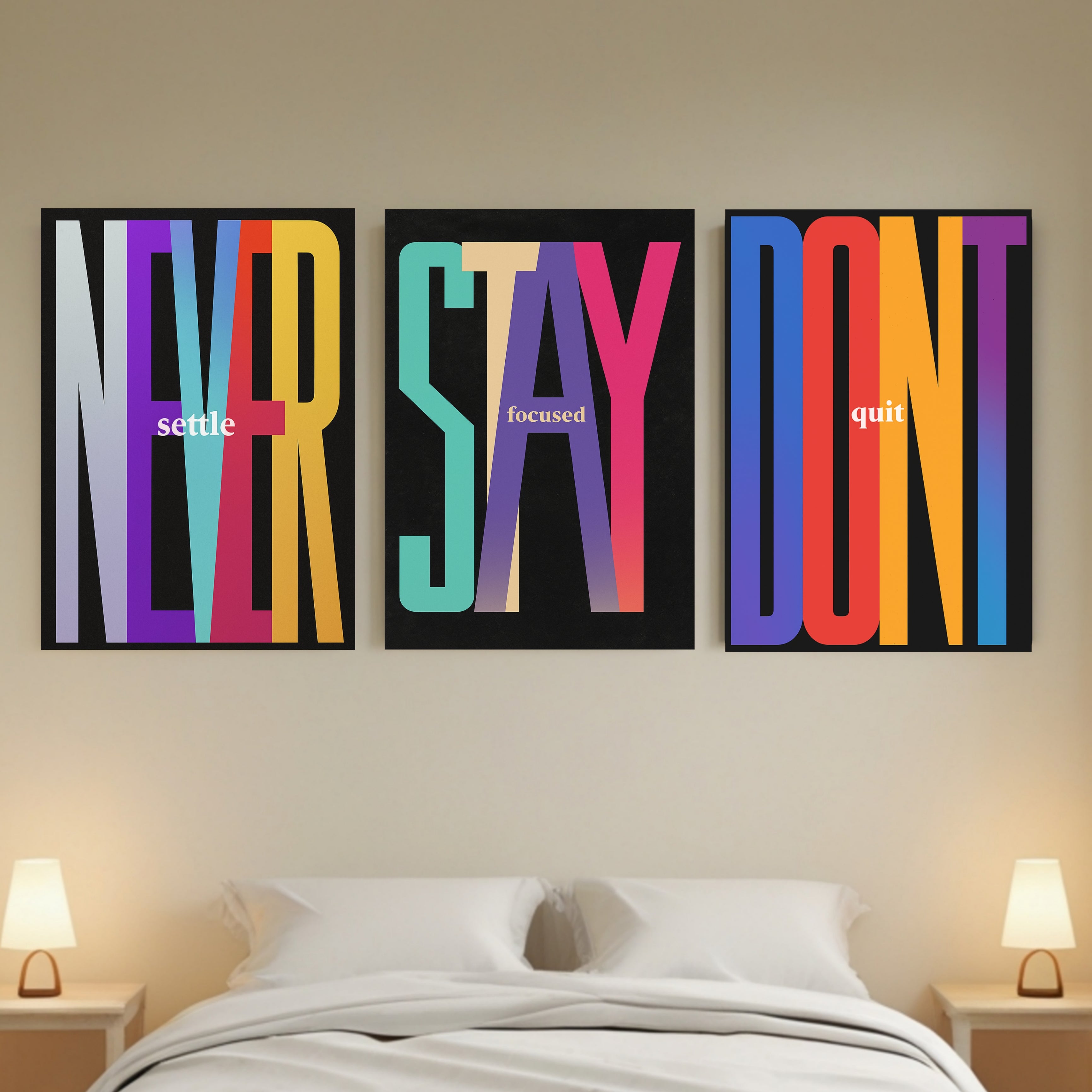 Never Settle Stay Focused Don’t Quit Wall Art Set Colorful Motivational Typography Prints 13x19 Laminated