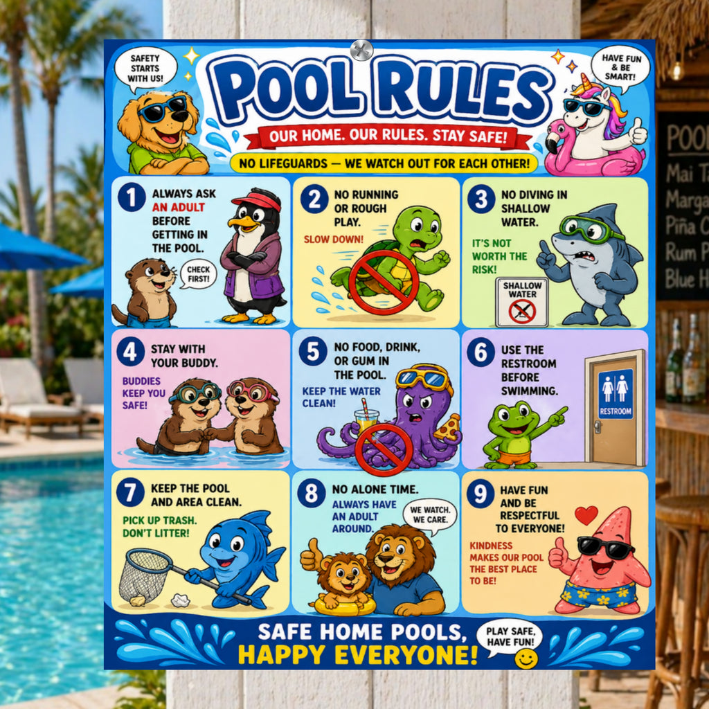 Kids Pool Rules Sign 13x19 Laminated Pool Safety Poster Cartoon Swimming Rules Decor Backyard Family Pool Wall Art