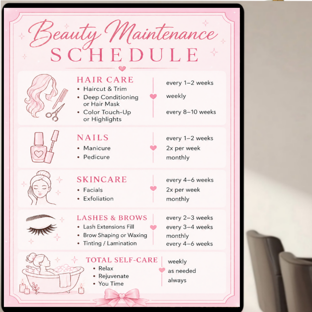 Personalized Beauty Maintenance Schedule Sign | Pink Self Care Wall Decor | Custom Beauty Routine Poster | Girly Bathroom Decor | Laminated Print