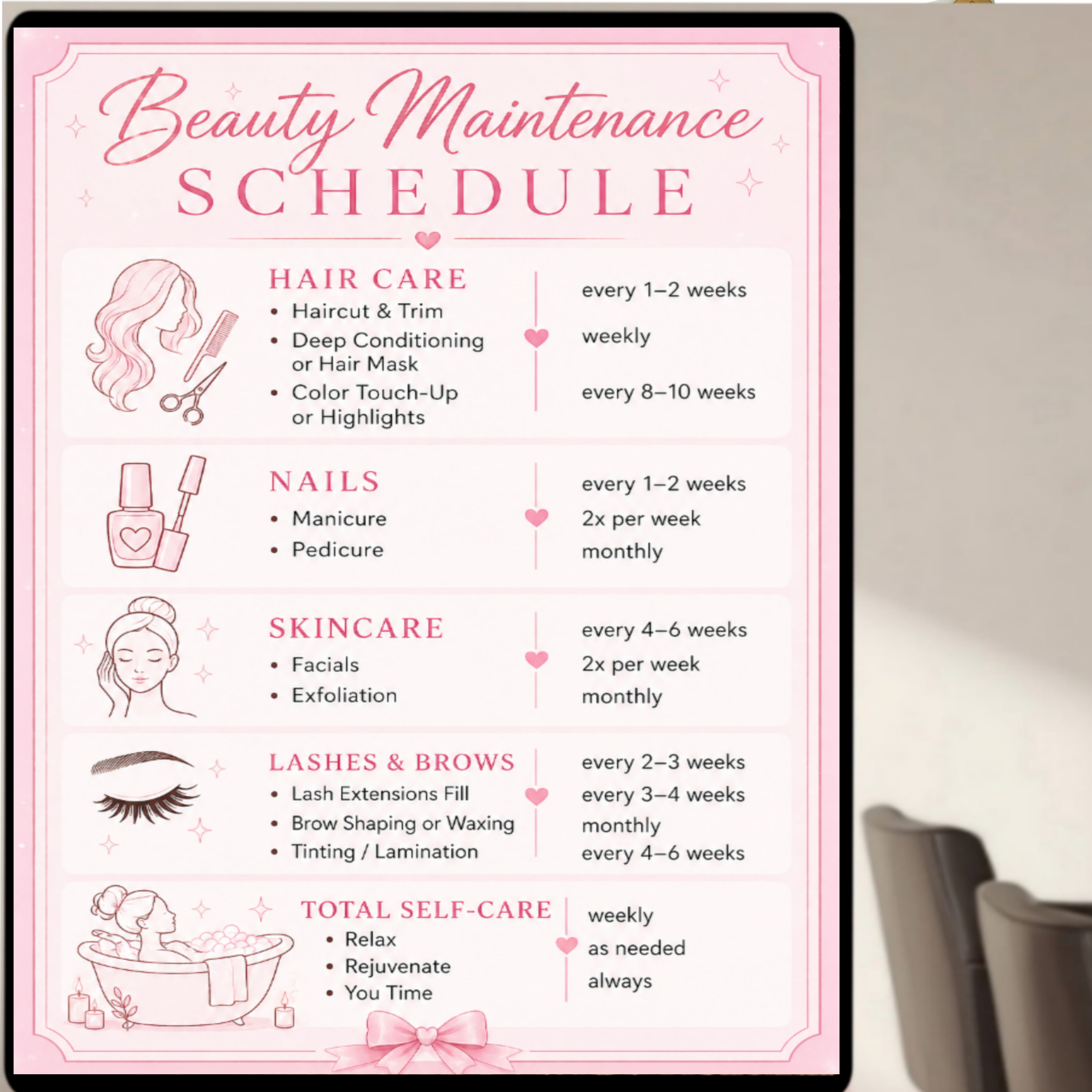 Personalized Beauty Maintenance Schedule Sign | Pink Self Care Wall Decor | Custom Beauty Routine Poster | Girly Bathroom Decor | Laminated Print