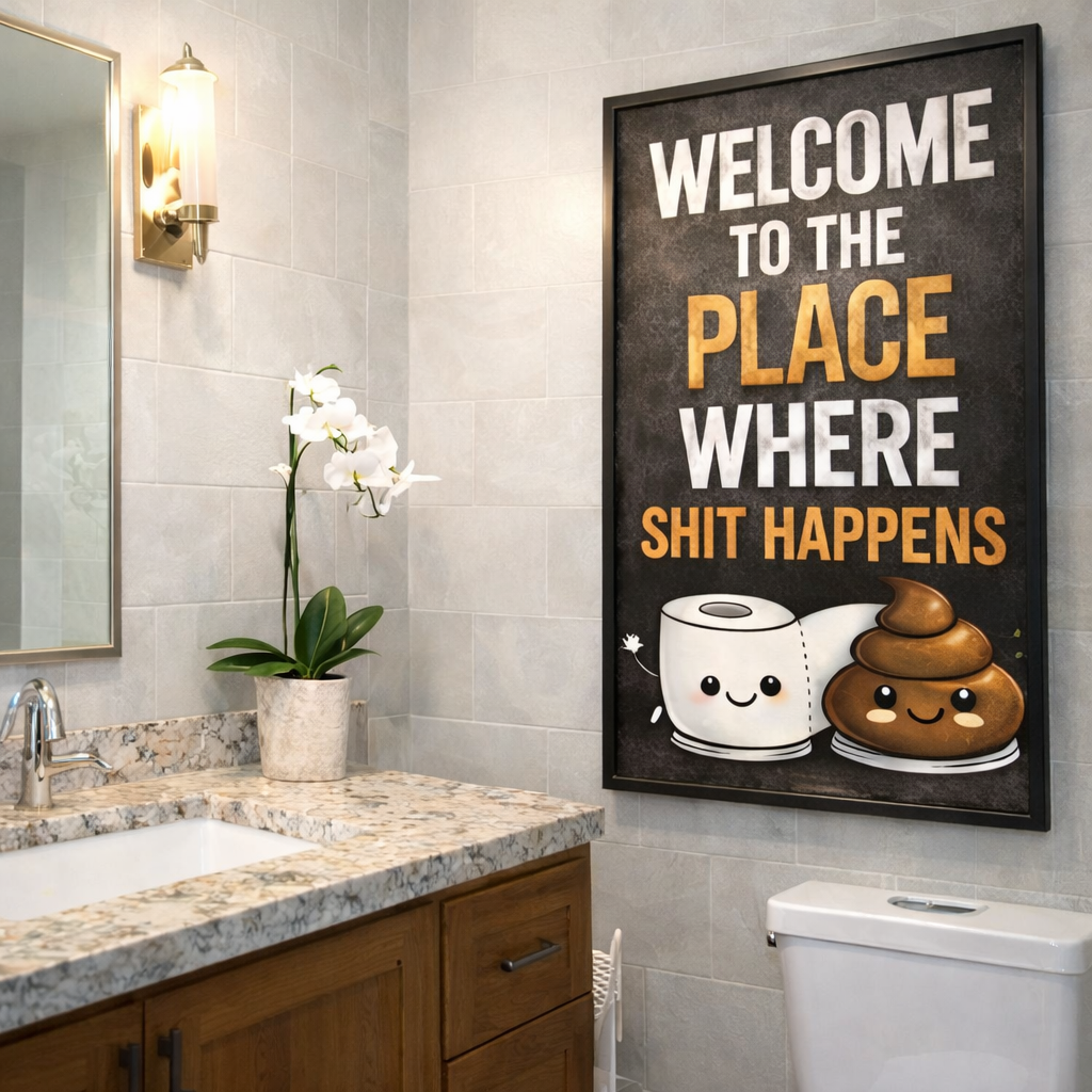 Funny Bathroom Sign Where Shit Happens Humor Wall Art 13x19 Laminated Bathroom Decor Toilet Humor Sign