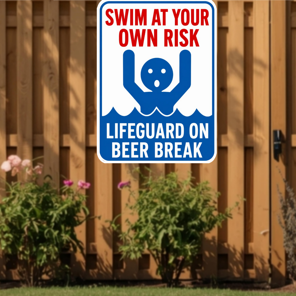 Swim At Your Own Risk Lifeguard On Beer Break Funny Pool Sign 13x19 Laminated Pool Decor Backyard Pool Rules Sign