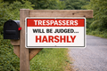 Trespassers Will Be Judged… Harshly Sign – 13x19 Laminated Warning Sign | Funny No Trespassing Sign | Fence, Gate, or Property Sign