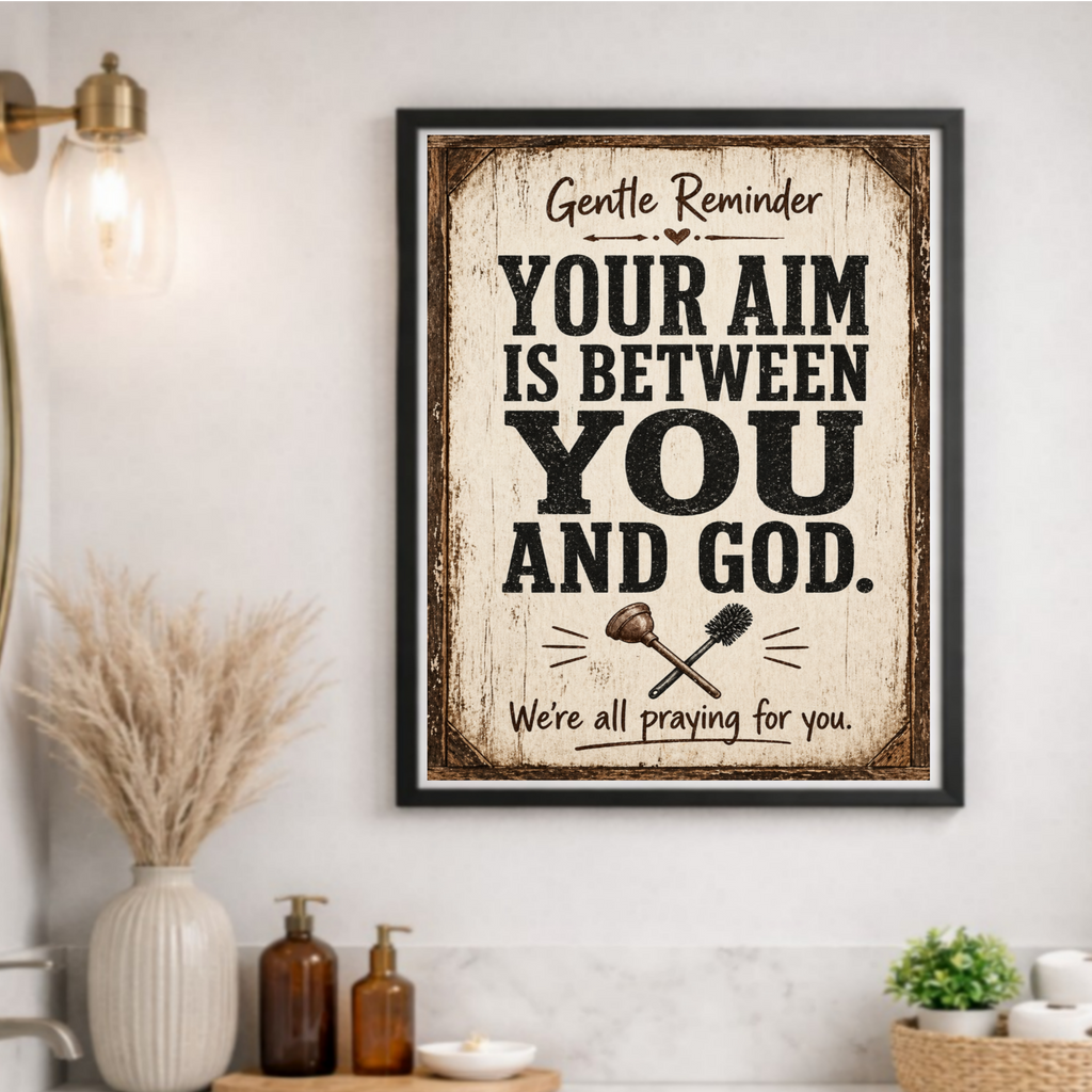 Funny Bathroom Sign – "Your Aim Is Between You And God" | 13x19 Laminated Rustic Farmhouse Wall Art