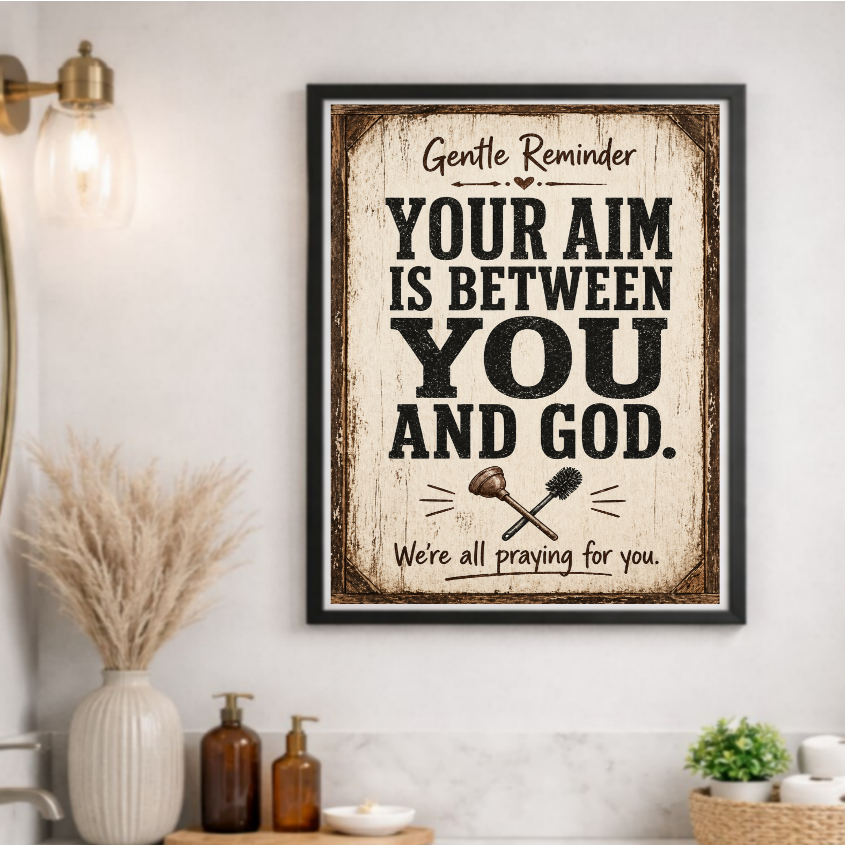 Funny Bathroom Sign – "Your Aim Is Between You And God" | 13x19 Laminated Rustic Farmhouse Wall Art