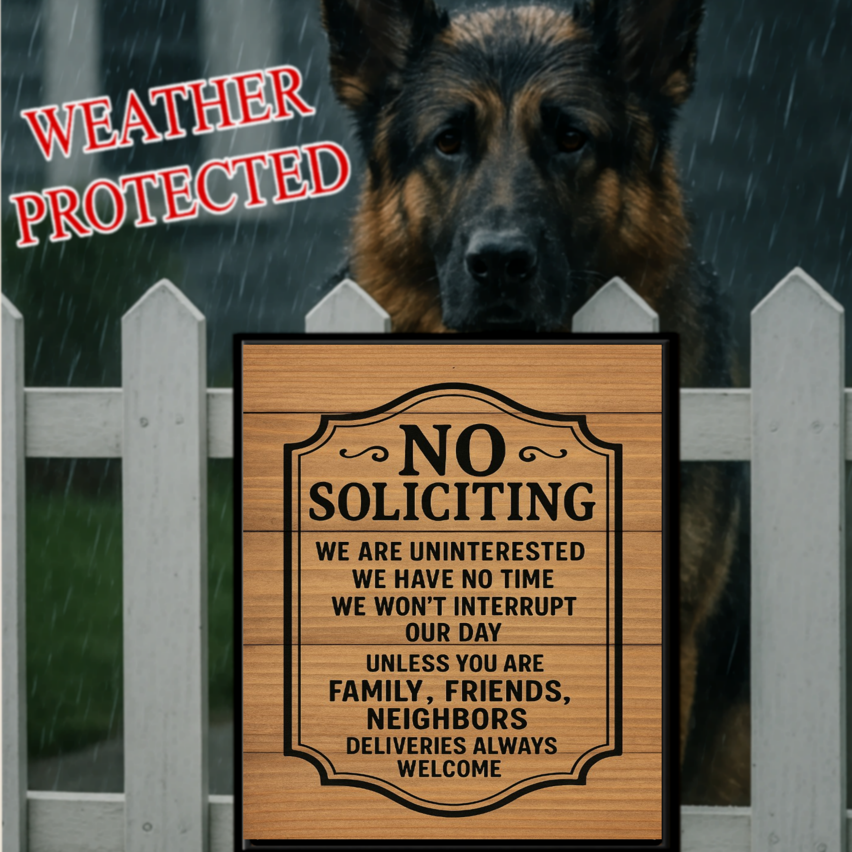 No Soliciting Door Sign – Laminated or Framed Front Door Warning | Rustic Wood Style Home Entry Sign
