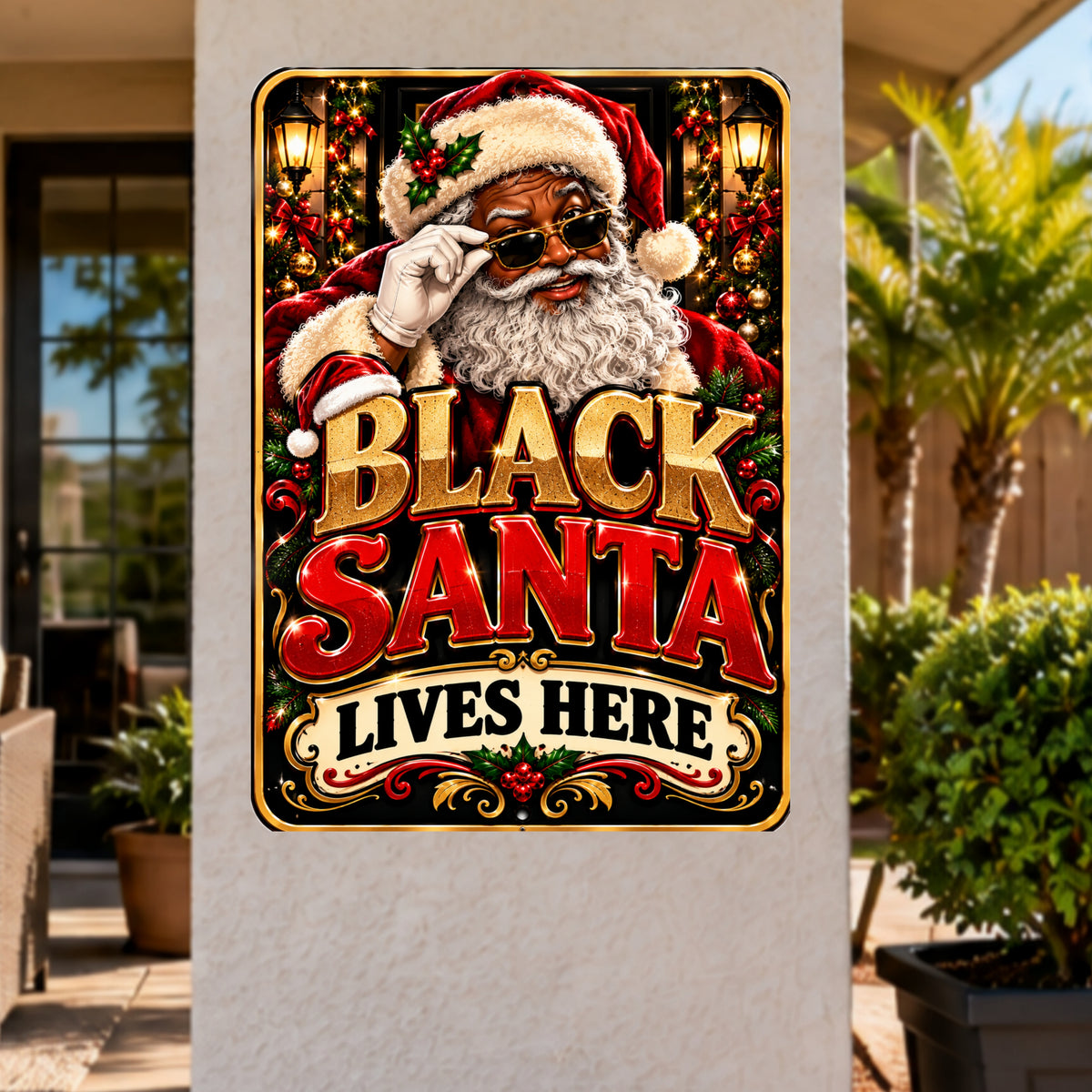Black Santa Lives Here Sign, 13x19 Laminated African American Christmas Wall Decor