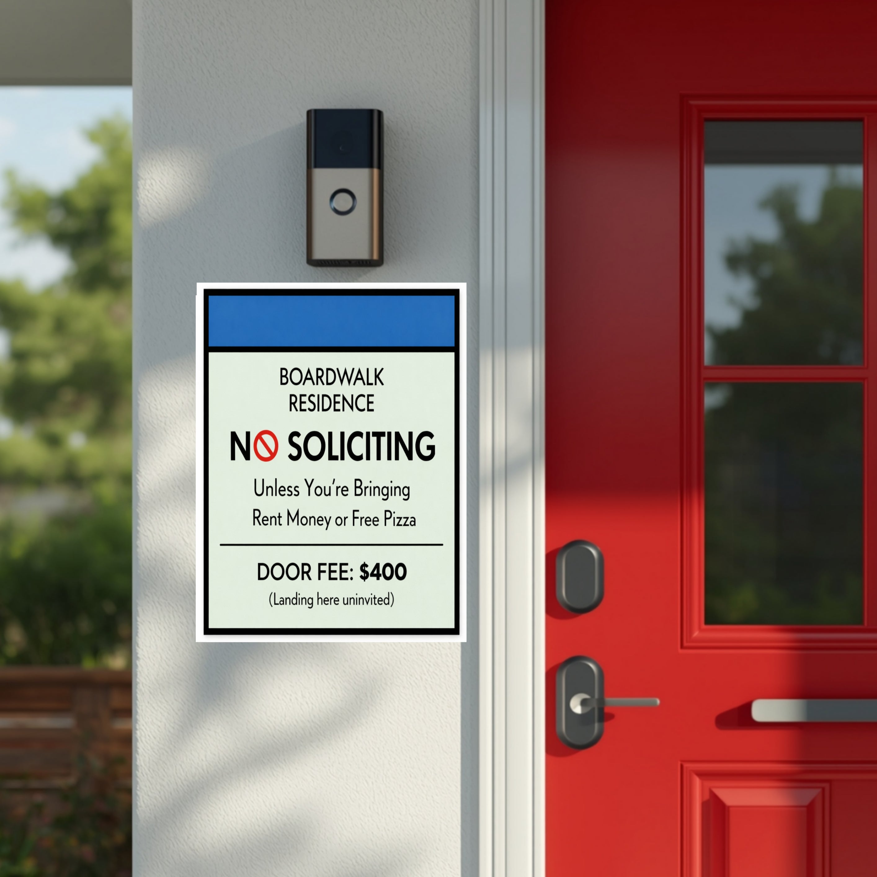 Boardwalk No Soliciting Sign – Funny Door Sign | “Unless You’re Bringing Rent or Pizza” | Modern Home Entry Decor