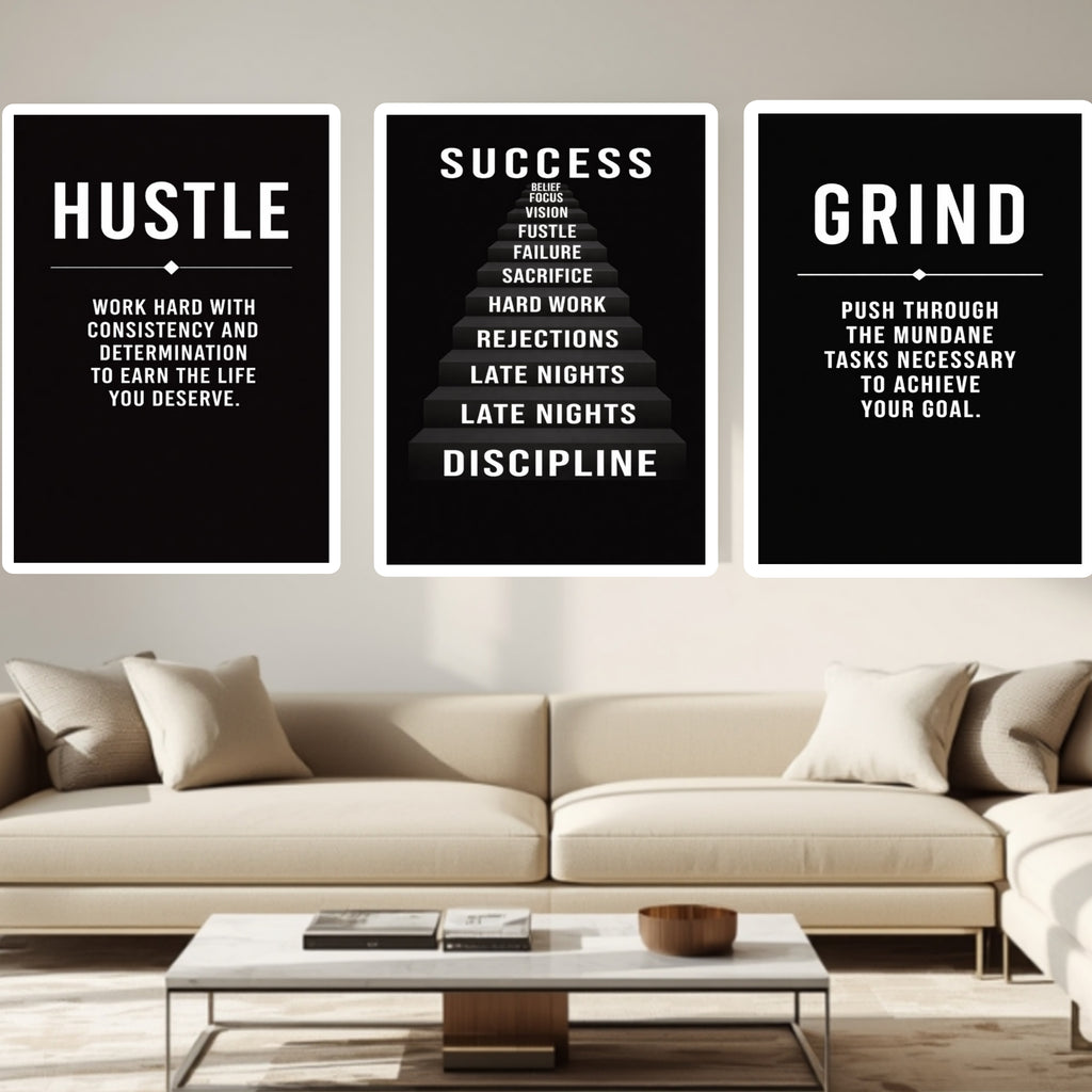 Hustle Success Grind Wall Art Set Motivational Posters Black Office Decor Entrepreneur Mindset Prints 13x19  Laminated