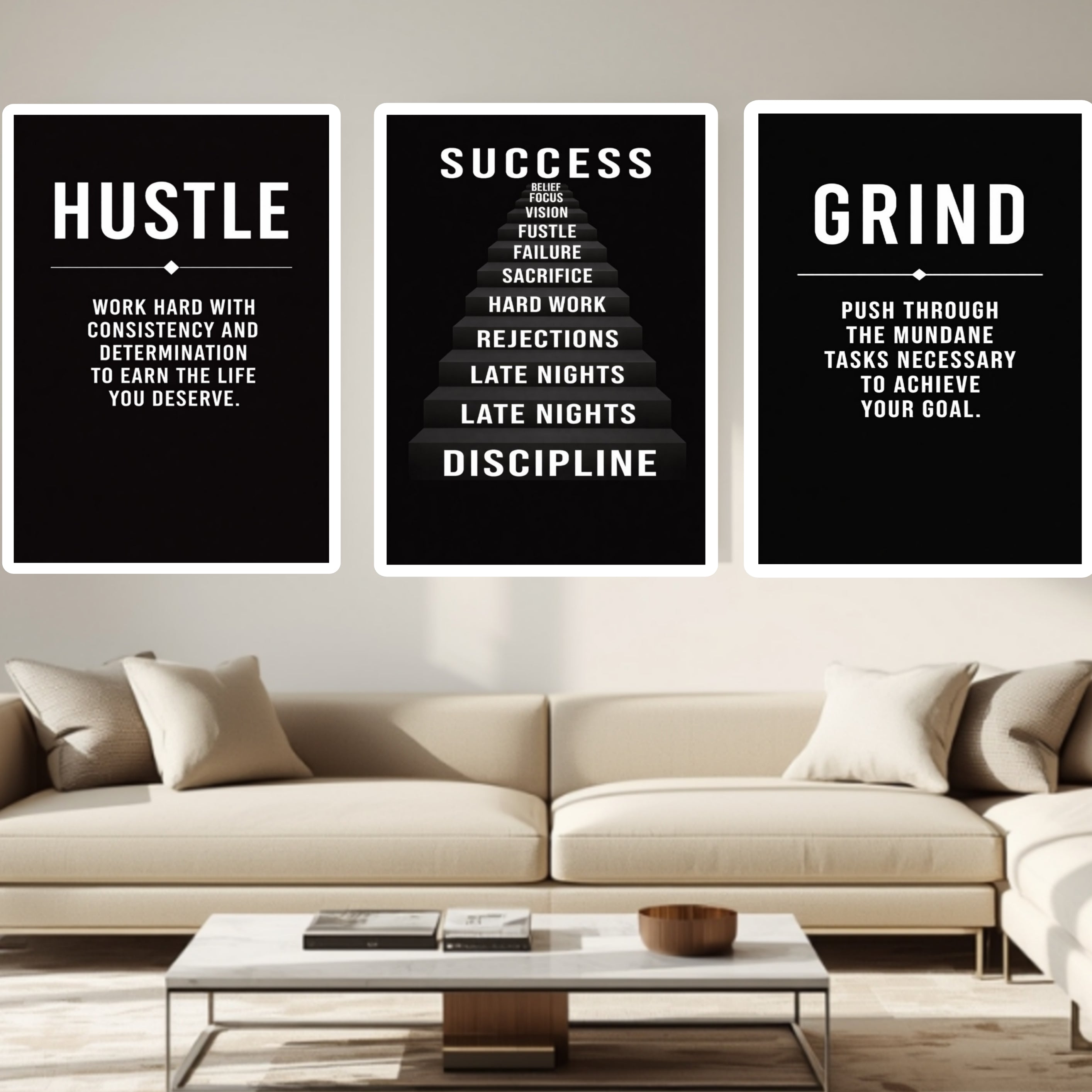 Hustle Success Grind Wall Art Set Motivational Posters Black Office Decor Entrepreneur Mindset Prints 13x19  Laminated