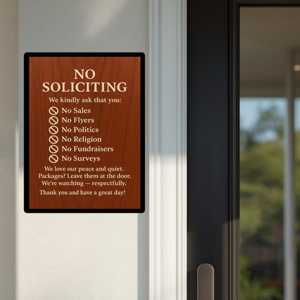 Elegant No Soliciting Sign – Polite Door Sign with Rules – 13x19 Laminated Front Door Notice – No Sales No Flyers No Politics