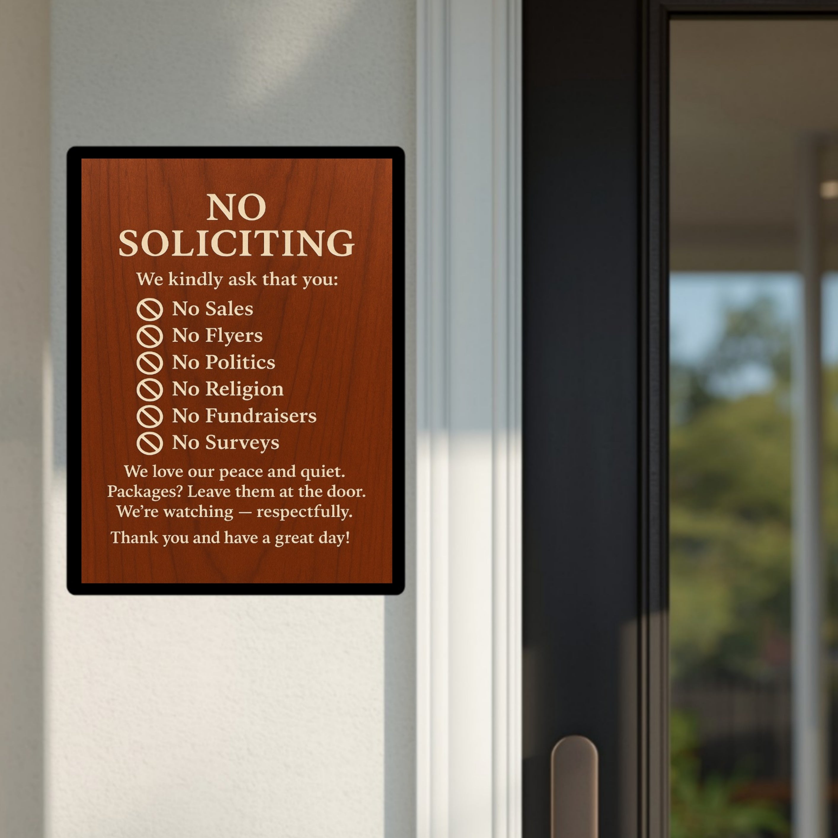Elegant No Soliciting Sign – Polite Door Sign with Rules – 13x19 Laminated Front Door Notice – No Sales No Flyers No Politics