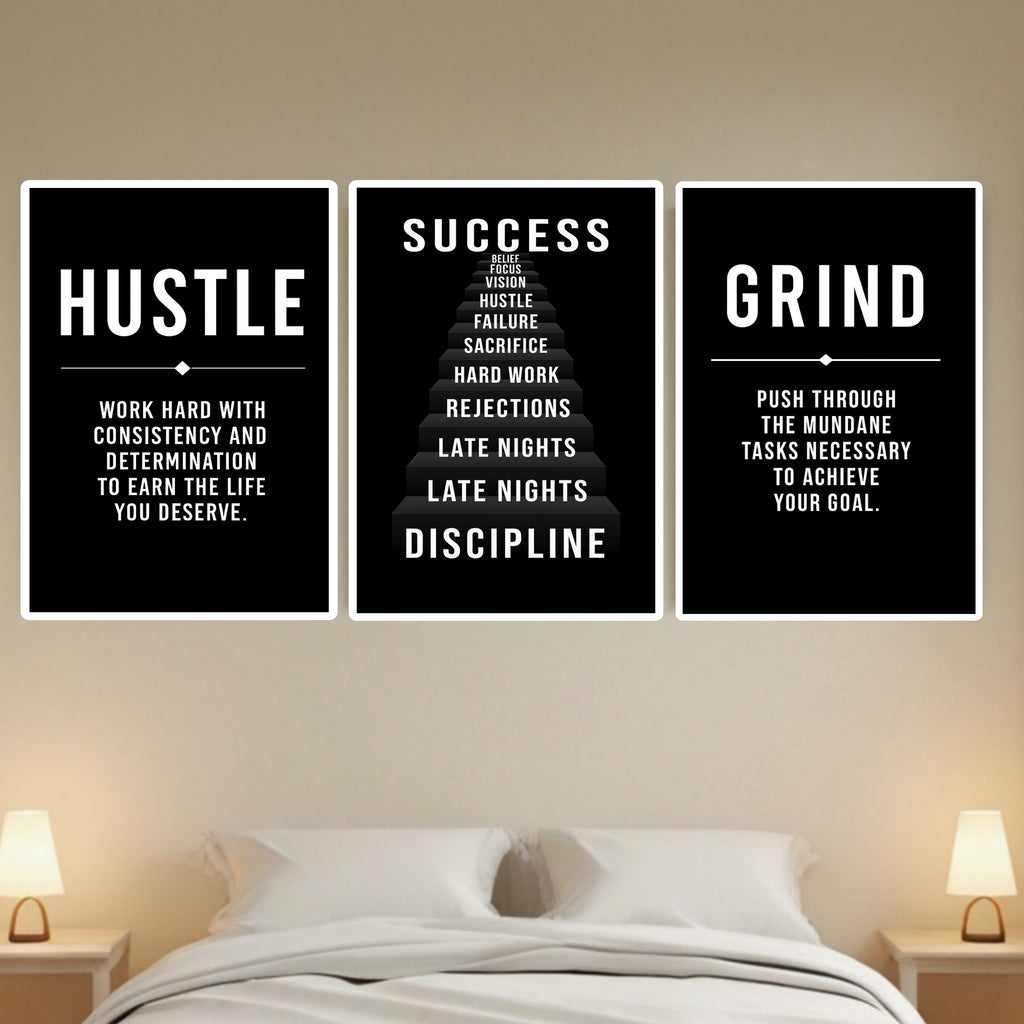 Hustle Success Grind Wall Art Set Motivational Posters Black Office Decor Entrepreneur Mindset Prints 13x19  Laminated