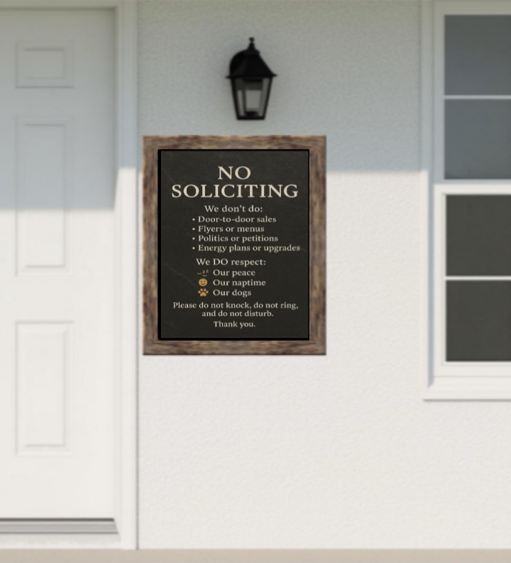 Elegant No Soliciting Sign – Respect Our Peace Door Sign  Modern Minimalist Home Entry Decor (13x19 & 8x9)