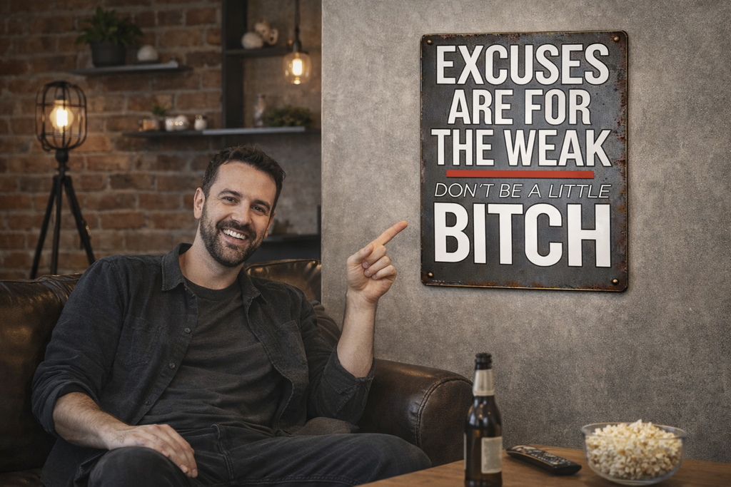 Motivational Tough Love Sign – “Excuses Are For The Weak” Wall Art | Bold Hustle Mindset Decor (13x19)